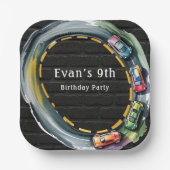 Watercolor Race Track Boys Birthday Party ペーパープレート (正面)