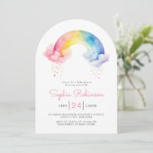 Watercolor Rainbow Baby Shower whimsical Arch 招待状 (スタンド正面)
