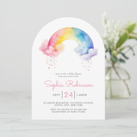 Watercolor Rainbow Baby Shower whimsical Arch 招待状 (スタンド正面)