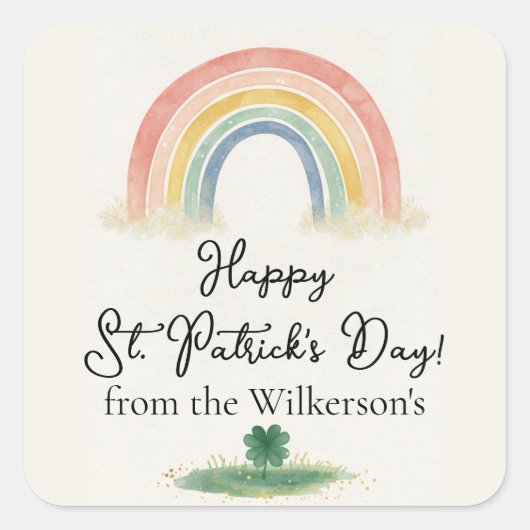 Watercolor Rainbow & Clover St. Patrick's Day  スクエアシール (正面)