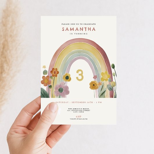 Watercolor Rainbow Flowers 3rd Birthday Party 招待状