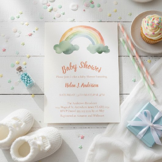 Watercolor Rainbow Gender Neutral Baby Shower  招待状