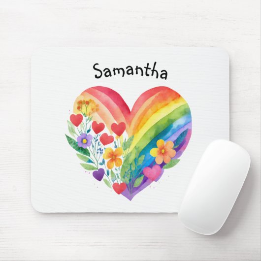 Watercolor Rainbow Heart & Flowers Personalized マウスパッド (マウス)