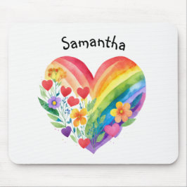 Watercolor Rainbow Heart & Flowers Personalized マウスパッド