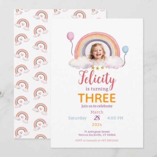 Watercolor Rainbow Party Photo 招待状 (正面/裏面)