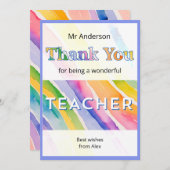 Watercolor Rainbow Stripes Teacher サンキューカード (正面/裏面)