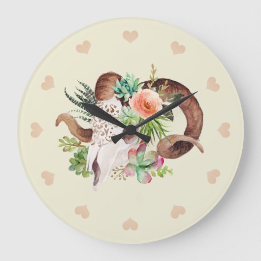 Watercolor Ram Skull and Succulents ラージ壁時計 (正面)