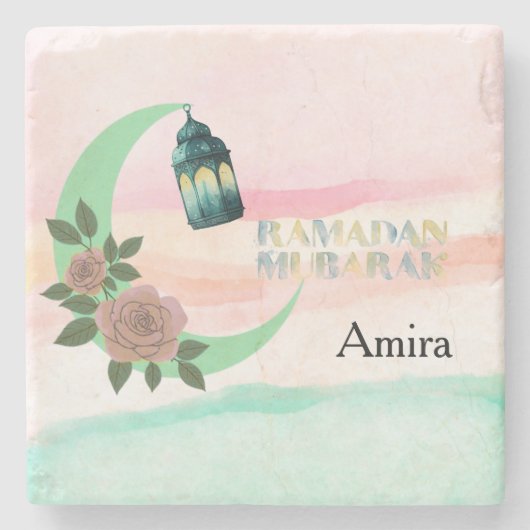 Watercolor Ramadan – Crescent Moon  ストーンコースター (正面)