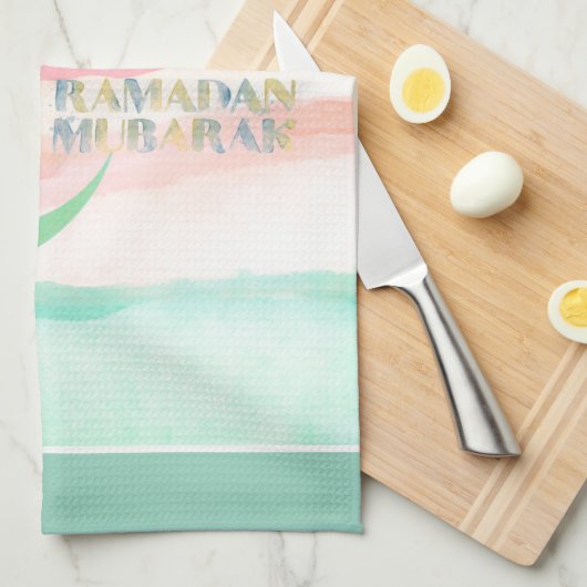 Watercolor Ramadan Crescent Moon – Customizable キッチンタオル (四つ折り)