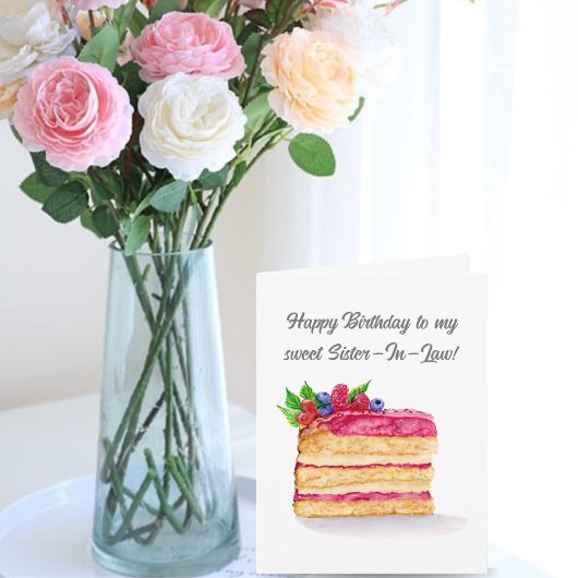 Watercolor Raspberry Cake Birthday Sister-In-Law カード