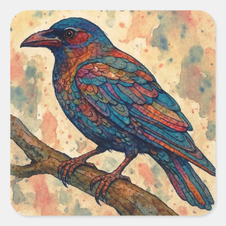 Watercolor Raven Crow Sticker スクエアシール
