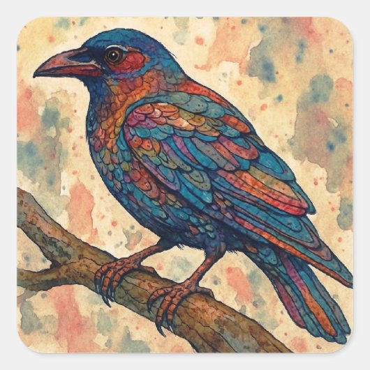 Watercolor Raven Crow Sticker スクエアシール (正面)