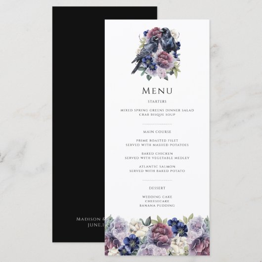 Watercolor Ravens Gothic Purple Floral Wedding メニュー (正面/裏面)