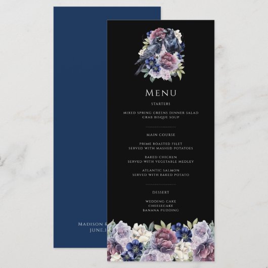 Watercolor Ravens Gothic Purple Floral Wedding メニュー (正面/裏面)
