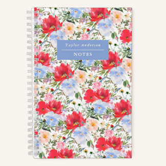 Watercolor Red and Blue Florals Spiral Notebook ノートブック