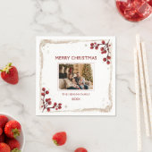 Watercolor Red Berry Winter Wreath Family Photo スタンダードカクテルナプキン (インサイチュ)