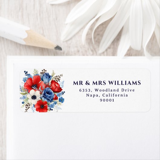 Watercolor Red Blue Floral Bouquet Patriotic  ラベル (インサイチュ)