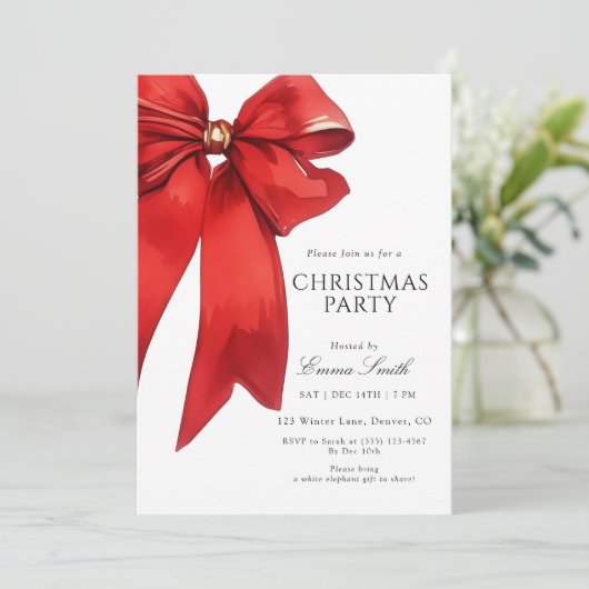 Watercolor Red Bow Christmas Party Invitation 招待状 (スタンド正面)