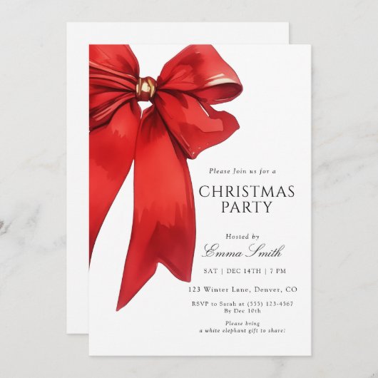Watercolor Red Bow Christmas Party Invitation 招待状 (正面/裏面)