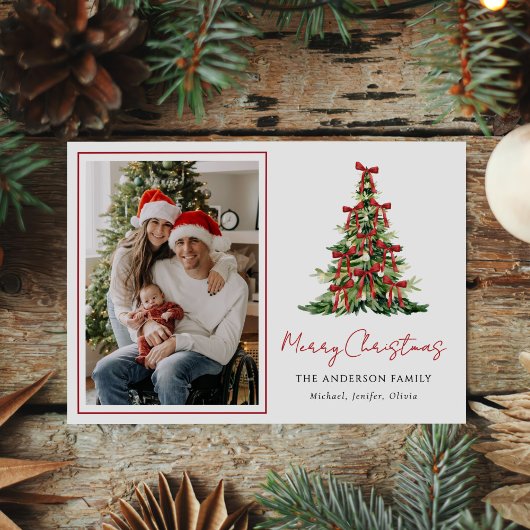 Watercolor Red Bow Christmas Tree Photo シーズンカード