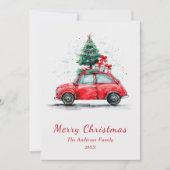 Watercolor Red Car with Tree and Gifts Christmas シーズンカード (正面)