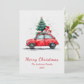 Watercolor Red Car with Tree and Gifts Christmas シーズンカード (スタンド正面)