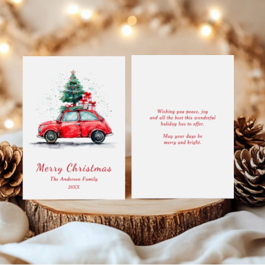 Watercolor Red Car with Tree and Gifts Christmas シーズンカード