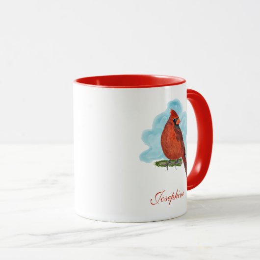 Watercolor Red Cardinal Bird With Name マグカップ (正面右)