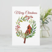 Watercolor Red Cardinal Bird Wreath Christmas シーズンカード (スタンド正面)