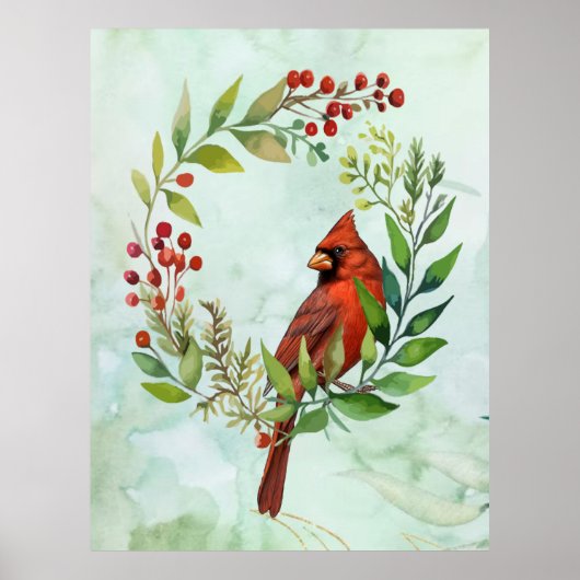 Watercolor Red Cardinal Bird Wreath Christmas ポスター (正面)