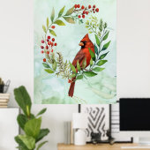 Watercolor Red Cardinal Bird Wreath Christmas ポスター (ホームオフィス)