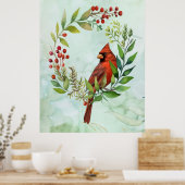 Watercolor Red Cardinal Bird Wreath Christmas ポスター (キッチン)