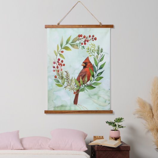 Watercolor Red Cardinal Bird Wreath Christmas 吊り下げ型タペストリー (寝室)