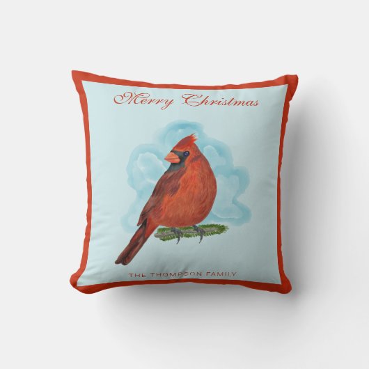 Watercolor Red Cardinal Family Name Christmas クッション (正面)