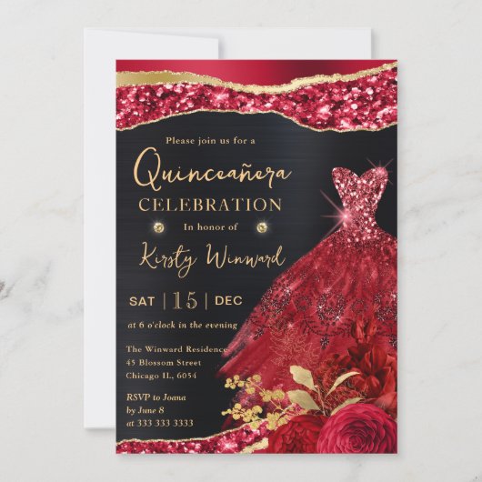 Watercolor Red & Gold Glitter Dress Quinceanera 招待状 (正面)