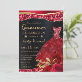 Watercolor Red & Gold Glitter Dress Quinceanera 招待状 (スタンド正面)