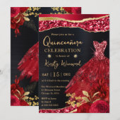 Watercolor Red & Gold Glitter Dress Quinceanera 招待状 (正面/裏面)