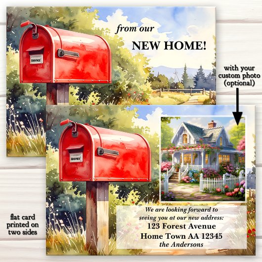 Watercolor Red Mailbox New Home Moving 案内状