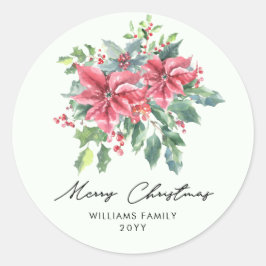 Watercolor Red Poinsettia Script Merry Christmas ラウンドシール