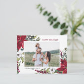 Watercolor Red Poinsettias and Fir Leaves Photo シーズンポストカード (スタンド正面)