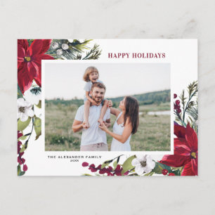Watercolor Red Poinsettias and Fir Leaves Photo シーズンポストカード