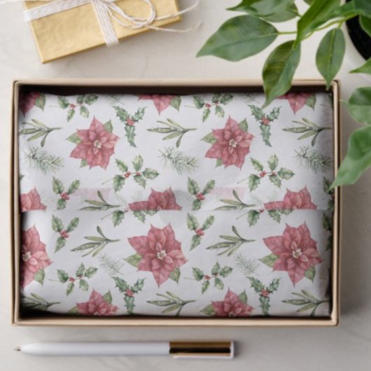 Watercolor Red Poinsettias Holly Fir Christmas 薄葉紙