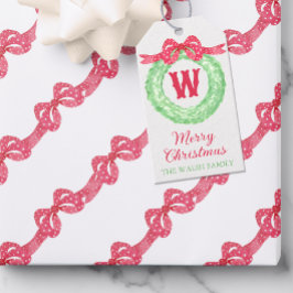 Watercolor Red Polka Dot Bow Monogram Wreath ギフトタグ