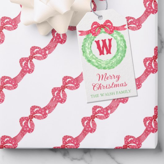 Watercolor Red Polka Dot Bow Monogram Wreath ギフトタグ