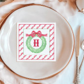 Watercolor Red Polka Dot Bow Monogram Wreath スタンダードカクテルナプキン