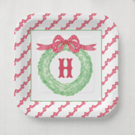 Watercolor Red Polka Dot Bow Monogram Wreath ペーパープレート