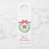 Watercolor Red Polka Dot Bow Monogram Wreath ボトルネックタグ (正面)