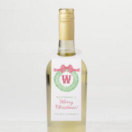 Watercolor Red Polka Dot Bow Monogram Wreath ボトルネックタグ