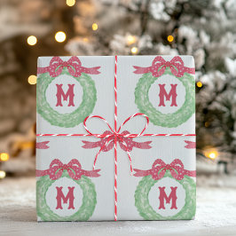 Watercolor Red Polka Dot Bow Monogram Wreath ラッピングペーパー