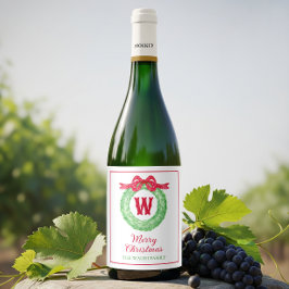 Watercolor Red Polka Dot Bow Monogram Wreath ワインラベル